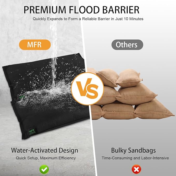 MFR Water Activated Flood Bags for Flooding, Home, Doorway, Driveway, Garage Sandless Sand Bags for Anti Flood Barrier 2ft x 1.3ft, 2-Pcs