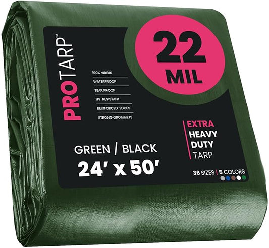 PROTARP Extreme Heavy Duty 22 Mil Tarp Cover, Waterproof, UV Resistant, Rip and Tear Proof, Poly Tarpaulin with Reinforced Edges for Roof, Camping, Patio, Pool, Boat. (Green/Black 24′ X 50′)