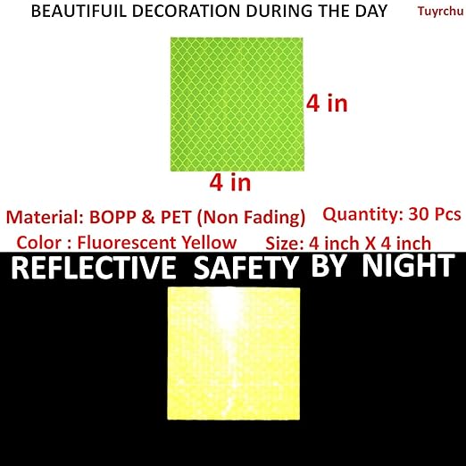 Fluorescent Reflective Stickers 4 inch X 4 inch, Outdoor Waterproof High Visibility Warning Safety Adhesive Reflector (30 Pcs)