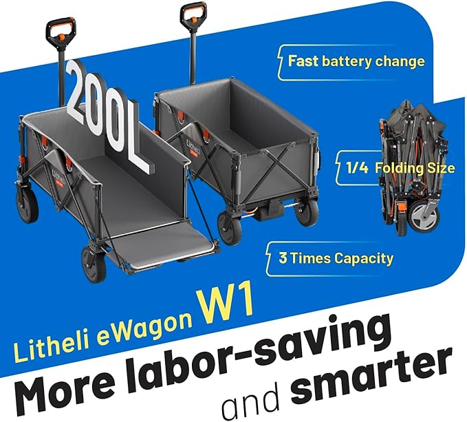 Litheli Electric Wagon Cart with 2 Batteries, All-Terrain Wheels & Variable Speed | 200L Capacity, 300 lbs Heavy-Duty Utility Wagon for Camping Beach Garden Shopping, Grey