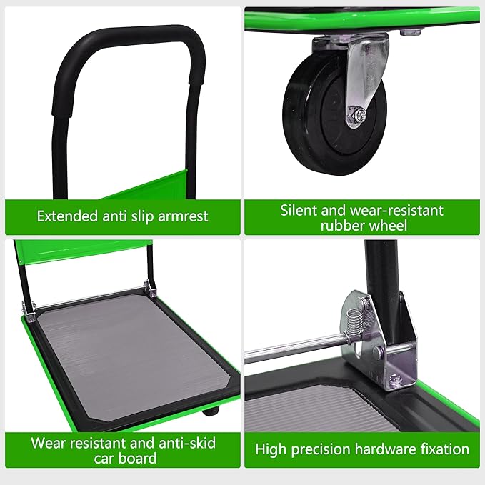Green Folding Platform Hand Truck 330 lbs Capacity, Heavy Duty Flatbed Cart with 360° Swivel Silent Wheels, Non-Slip Alloy Steel Dolly for Warehouse, Delivery, and Storage – Foldable Design