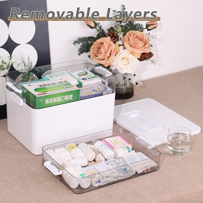 3-Tier Plastic First Aid Box, Large Medicine Storage Box, Emergency Medicine Box, White
