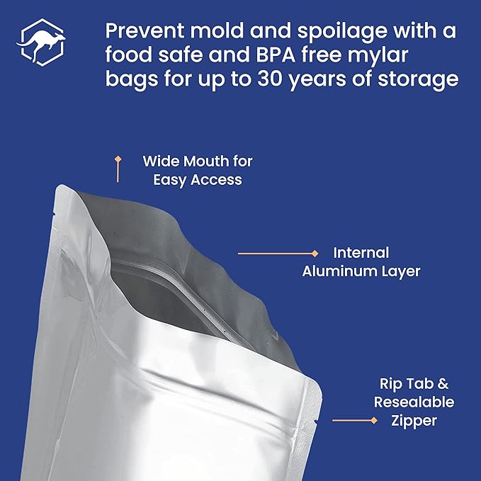 Wallaby 30 Count 2.5-Gallon Gusset Mylar Bags with Labels, 15 Mil Total Thickness Long-Term Food Storage Pouches, 15x12 Stand-Up Zipper Heat-Sealable Airtight Packaging - Silver