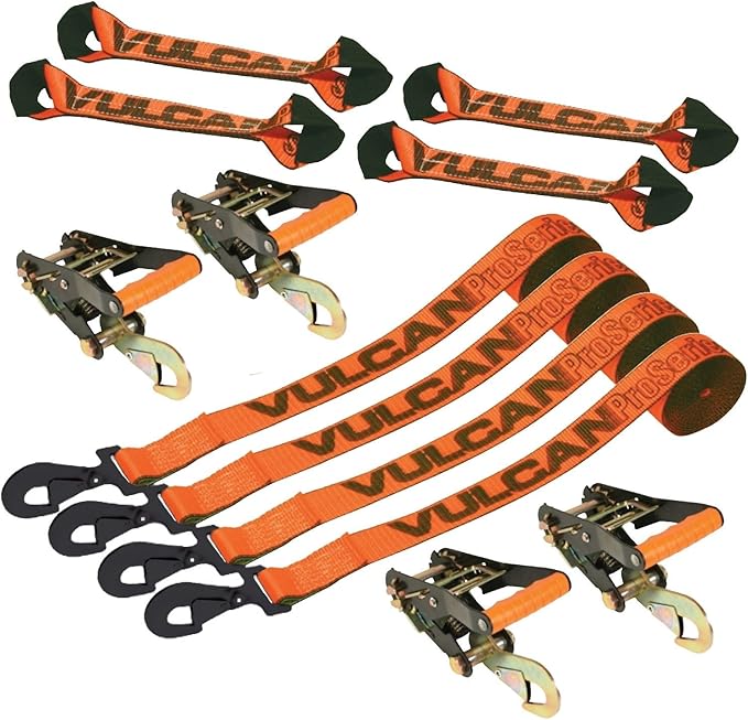 VULCAN 8-Point Roll Back Vehicle Tie Down Kit with Snap Hooks on Both Ends - Set of 4 - PROSeries