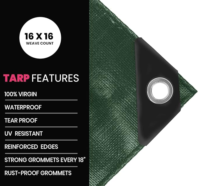 PROTARP Extreme Heavy Duty 22 Mil Tarp Cover, Waterproof, UV Resistant, Rip and Tear Proof, Poly Tarpaulin with Reinforced Edges for Roof, Camping, Patio, Pool, Boat. (Green/Black 50′ X 70′)