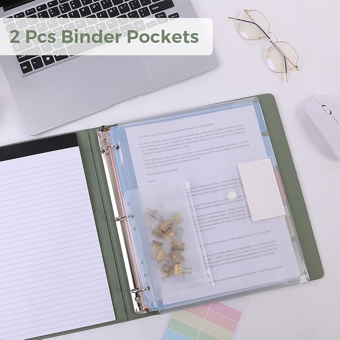 SKYDUE Clipboard Binder with Refillable Notepad, PU Clipboard Folder Includes 5 Dividers with 10 Pockets, Labels, 3 Ring Binder 1 Inch for School Office (Fit Letter Sized Paper),Olivegreen