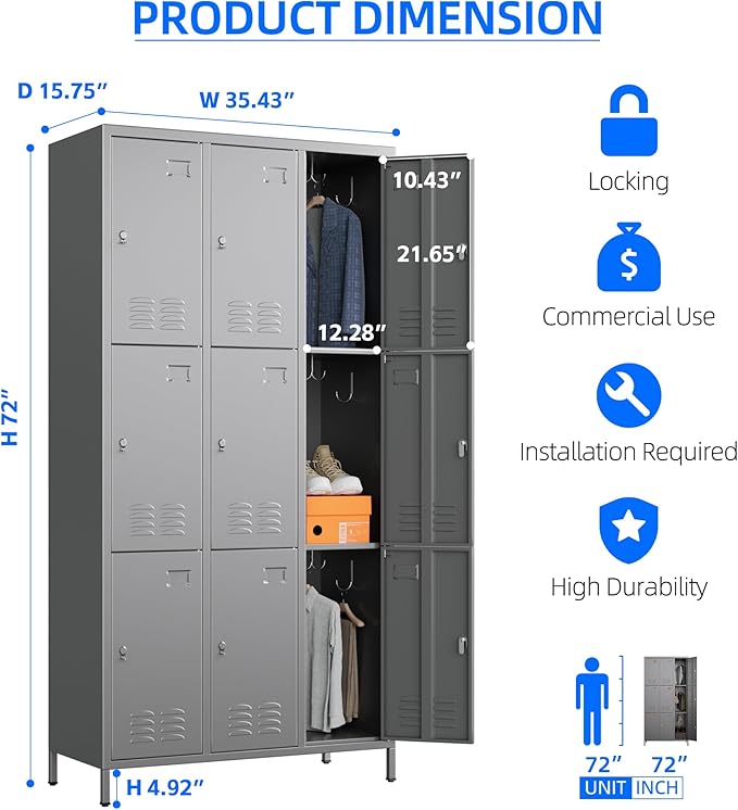 Metal Lockers for Employees with 9 Doors and 27 Hooks, 72”H Storage Locker with Card Slot for Office Gym School Bedroom, Assembly Required, Dark Gray