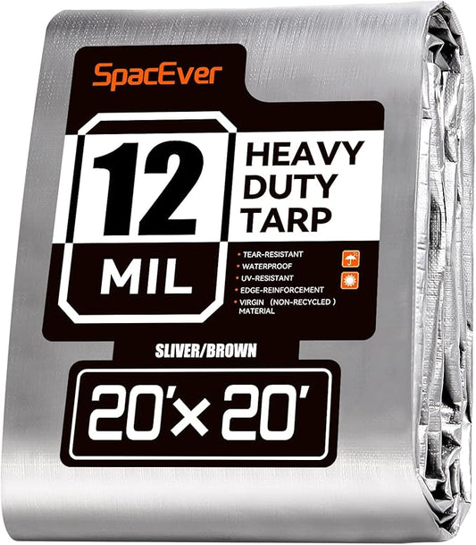 Tarp Heavy Duty 20x20 FT, 12 Mil Thick Large Tarps Water-Proof with Grommets, UV& Tear Resistant, Plastic Cover for Pool Roof Tent Outdoor Firewood, Silver& Brown