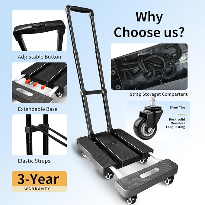 Folding Hand Truck,VDHU 650LB Heavy Duty Dolly Cart,Portable Utility Dolly 6 Wheels Luggage Cart with 2 Elastic Ropes,Extendable Platform Truck for Luggage, Travel, Moving Office Use, Black