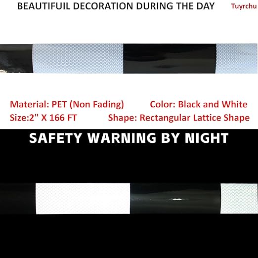 Reflective Tape Black and White 2 inch Wide for Cars, Outdoor Waterproof High Visibility Safety Warning Adhesive Strips (166 feet)