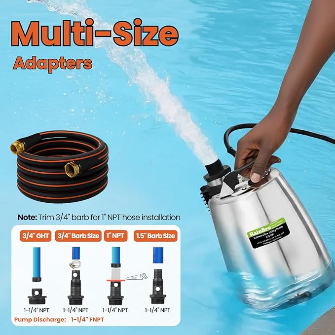 Sump Pump Submersible With 10Ft. Garden Hose, Water Pump, Portable Utility Pump, 25-Foot Cord, Ideal for Swimming Pool, Garden Pond, Hot Tub, and Flood Basement Draining