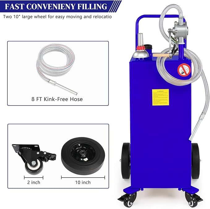 AutoForever 30 Gallon Portable Gas Caddy, Fuel Transfer Tank Gasoline Diesel Storage Can with Rotary Hand Pump and 4 Wheels for Automobiles ATV Car Mowers Tractors (Blue)