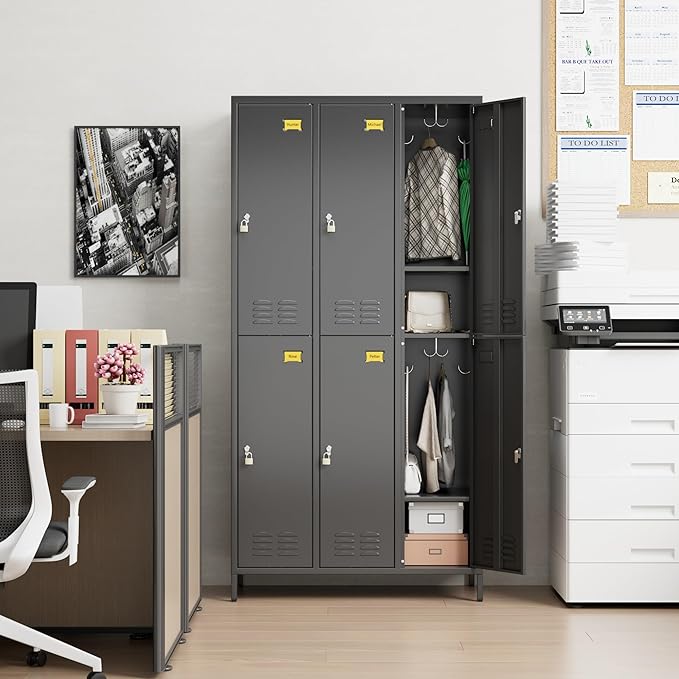 Metal Lockers for Employees with 6 Doors and 18 Hooks, 72”H Storage Locker with Card Slot for Office Gym School Bedroom, Black, Assembly Required
