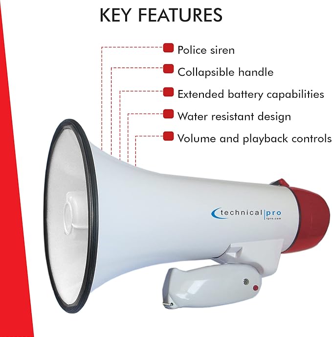 Technical Pro 25 Watts Lightweight 600M Range Portable Megaphone Bullhorn with Strap, Siren, and Volume Control, Good for Trainers, Soccer, Coaches and Cheer Leading