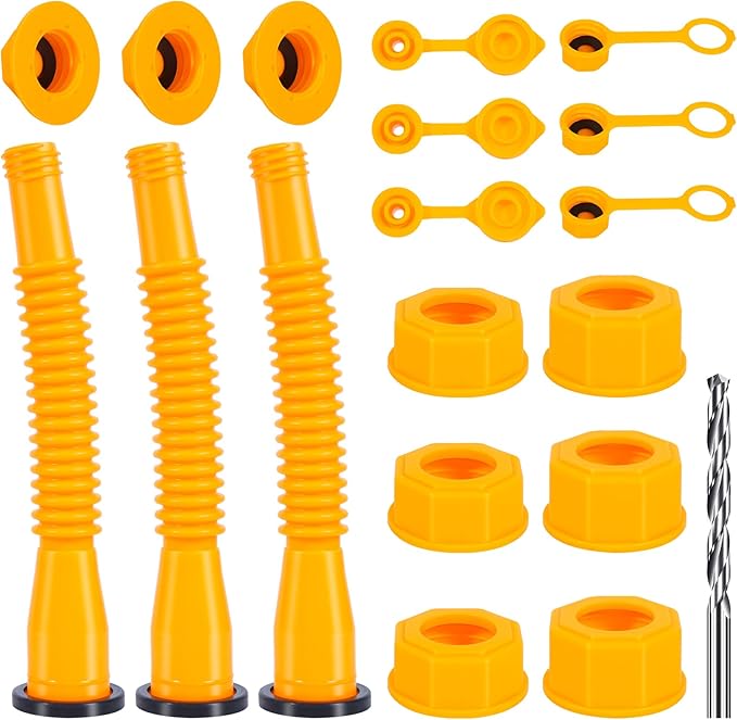 Gas Can Nozzle Replacement Set - 1/2/5/10 Gallon, Leak-Proof Spouts with Flexible Nozzles, Screw Collar Caps, Spout Cover, Base Cap, Drill Bit