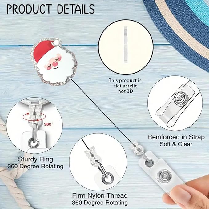 Santa Claus Badge Reel,Retractable Christmas Nurse Nursing Badge Clip Christmas Badge Holder Cute Gifts for RN CNA LPN Medical Worker & Teacher Name Tag Accessories |Acrylic