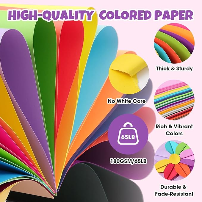 800 Sheets 8.5" X 11" Colored Cardstock, 50 Assorted Colors Construction Paper Card Stock Printer Paper for Printing, Card Making, DIY Crafts, School Supplies,Party Decorations (180GSM/65LB)