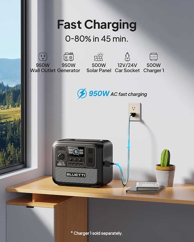 BLUETTI AC70 Portable Power Station, 768Wh Solar Generator w/ 2 1000W AC Outlets (Power Lifting 2000W), 100W Type-C, LiFePO4 Battery Backup for Road Trip, Off-Grid, Power Outage (Solar Panel Optional)