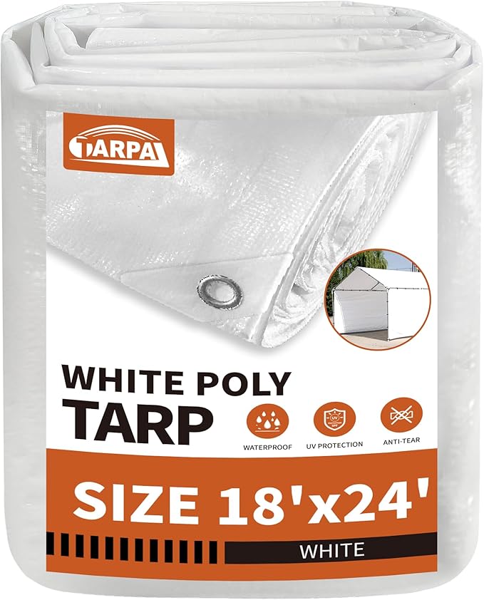 TARPAL 18'x24' White Tarp Waterproof 7.5 mil Medium Duty All Purpose Poly Tarps Cover Waterproof,Snow Proof UV Protection,Rip and Tear Proof,Poly Tarpaulin