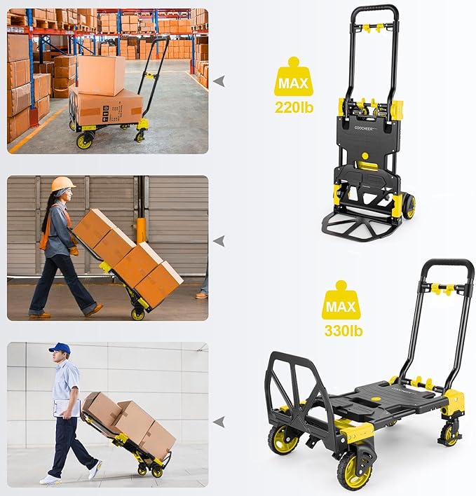 2-in-1 Folding Hand Truck Dolly 330LB Load Carrying, Hand Truck Foldable Dolly with Retractable Handle and 4 Rubber Wheels, Portable Folding Hand Cart for Moving/Travel/Office (Yellow)