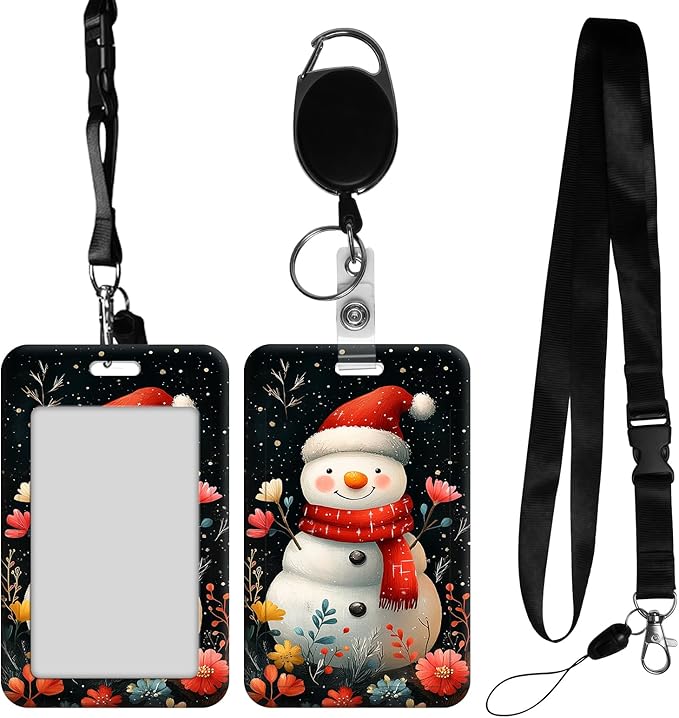 ID Badge Holder with Retractable Lanyard for Women & Men,Vertical ID Card Holder Wallet,Clear Window&Card Slot,Detachable Neck Strap for Nurse Teacher Office,Floral Snowman