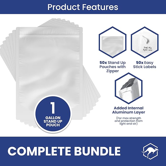 Wallaby 50 Count 1-Gallon Gusset Mylar Bags with Labels, 15 Mil Total Thickness Long-Term Food Storage Pouches, 15x12 Stand-Up Zipper Heat-Sealable Airtight Packaging - Silver