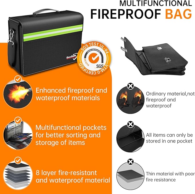 DocSafe 5200°F Large Fireproof＆Wate-Resistant Document Bag with Multiple Pockets,(17”x12.5”x7.2”) File Storage Organizer Important Document Holder