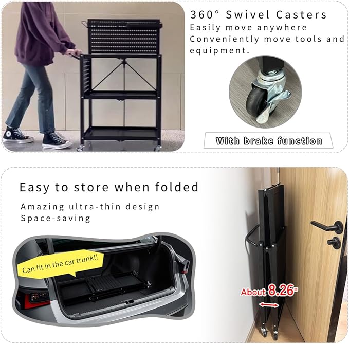 Lumizone Foldable Tool Cart with Wheels Rolling Utility Service Cart with Pegboard for Power Tool Organization Garage Organizer Storage on Wheels Heavy Duty Folding Design (Tool Cart)