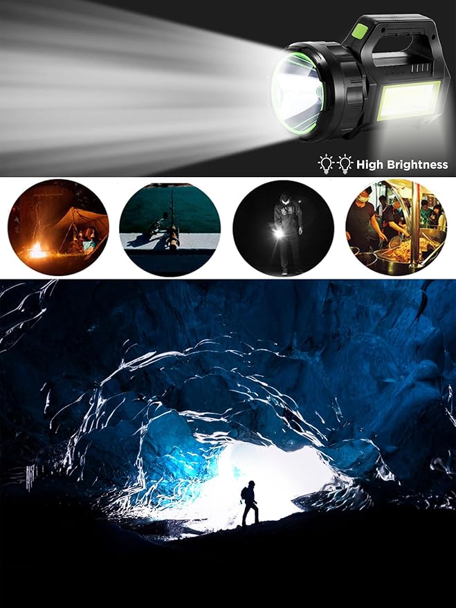 SUYOOULIN Solar LED Spotlight Lantern, Rechargeable Super Bright 10000LM Handheld LED Searchlight Flashlight, Multifunction Camping Lantern Work Light, 5 Light Modes, Waterproof, for Emergency, Home