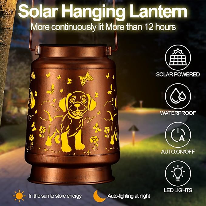 Solar Lantern Outdoor Hanging Waterproof Outside Metal Openwork Hummingbird Pattern Birthday Gifts for Women Mom Landscape Lights for Porch Garden Yard Patio Pathway Decor(Dogs and Butterflies)