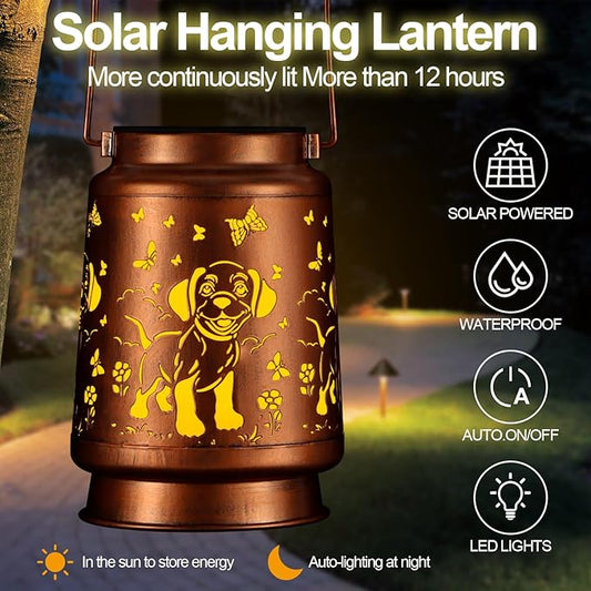 Solar Lantern Outdoor Hanging Waterproof Outside Metal Openwork Hummingbird Pattern Birthday Gifts for Women Mom Landscape Lights for Porch Garden Yard Patio Pathway Decor(Dogs and Butterflies)