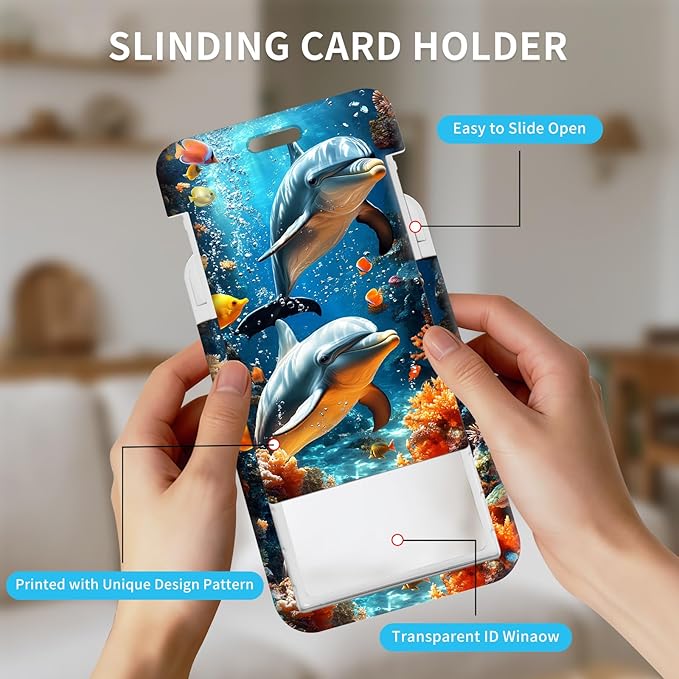 ID Badge Holder with Retractable Lanyard for Women & Men,Vertical ID Card Holder Wallet,Clear Window&Card Slot,Detachable Neck Strap for Nurse Teacher Office,Underwater Dolphin Scene