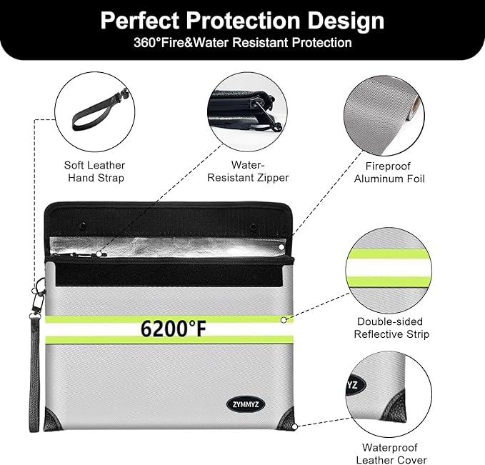 Fireproof Document Bag with lock Water Resistant Zipper,6200°F Heat Insulated Fire Proof Pouch with Soft Leather Hand Strap,Fire Envelope for Cash,Documents,Jewelry（Not Suitable for A4 Files）