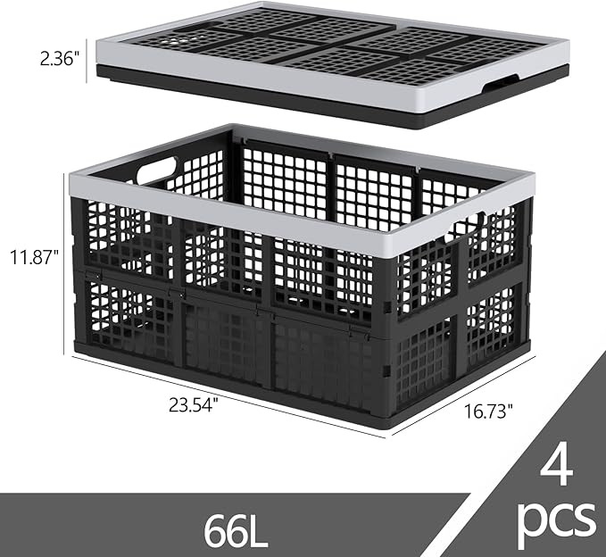 Xyskin 66 L Plastic Folding Storage Crate, Stacking Crate, Portable Collapsible Storage Basket, 4 Packs