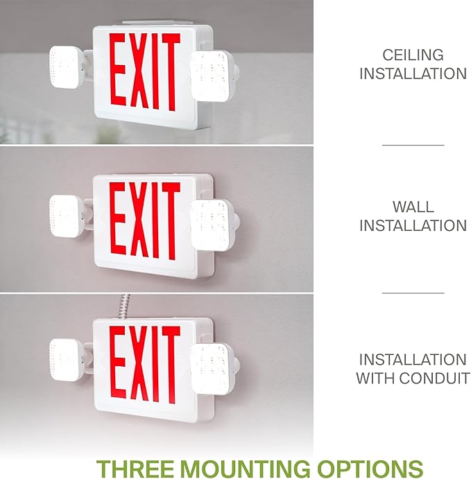 ASD LED Exit Sign with Battery Backup & Square Rotatable Heads - 120-277V UL 2.2W Double Face Emergency Exit Light for Business, Commercial Damp Location Power Outage Lights, Red, 6 Pack