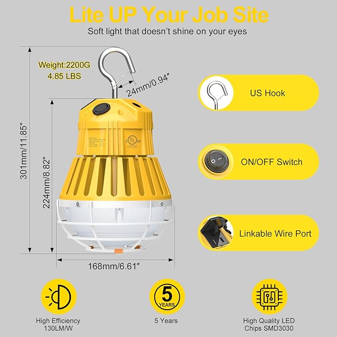 80W LED Temporary Work Light 12000LM 5000K Portable Work Lamp Fixture Daylight Construction Work Light Portable for Barn Garage Lighting, Temporary Plug in Work Lights Input 100~277VAC