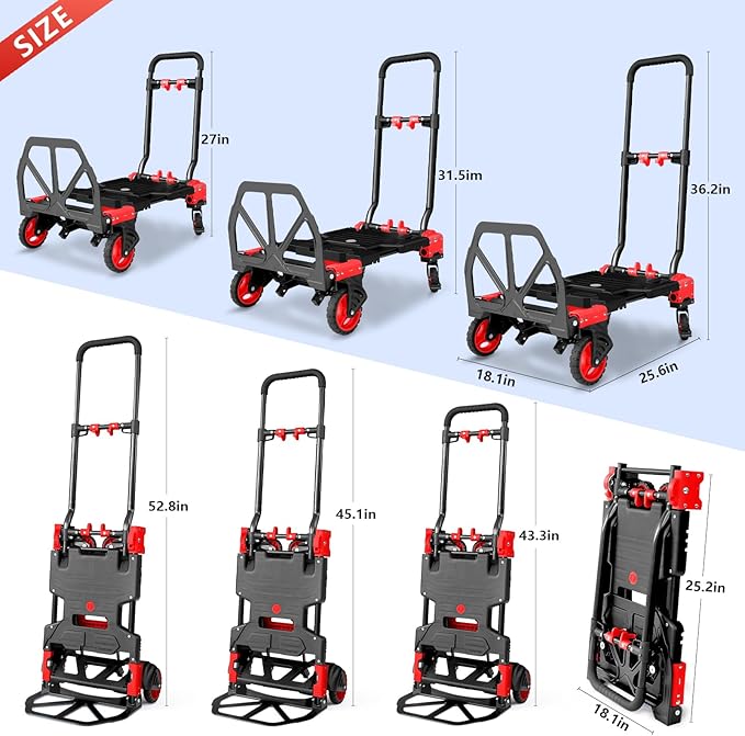 2 in 1 Hand Truck Dolly Foldable, 330LB Folding Hand Truck Heavy Duty Carrying, Folding Hand Cart with Retractable Handle Dolly Cart for Moving