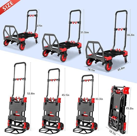 2 in 1 Hand Truck Dolly Foldable, 330LB Folding Hand Truck Heavy Duty Carrying, Folding Hand Cart with Retractable Handle Dolly Cart for Moving