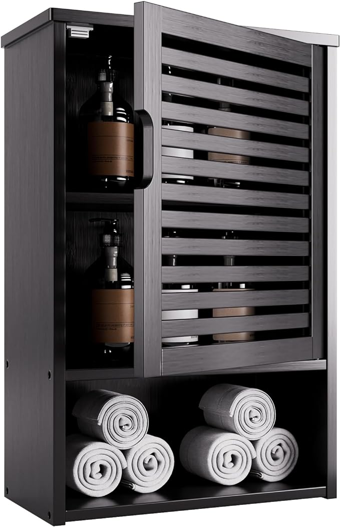 HITNET Bathroom Storage Cabinet Wall Mounted, Hanging Medicine Cabinet with Adjustable Shelf, Over The Toilet Space Saver Organizer, Black Bamboo Kitchen Cupboard, Single Door