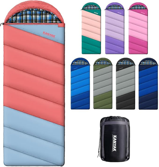 Cotton Flannel Lined Sleeping Bag for Adults Teens Kids, Cold Weather & Warm, 3 Seasons, Lightweight Compact Camping Essentials Equipment, Hiking, Outdoor, Travel
