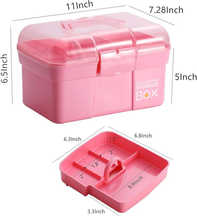 11'' Plastic Storage Box with Removable Tray, Multipurpose Organizer and Storage Case for Art Craft and Cosmetic (Pink)