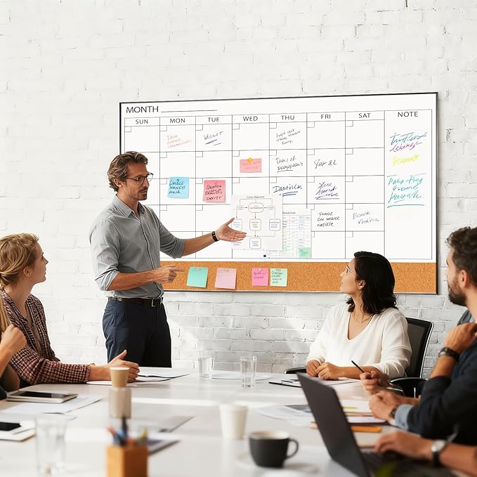 ARCOBIS Large Dry Erase Calendar with Cork for Wall, 48"x 30" Magnetic Calendar Whiteboard with Black Frame, Monthly Combination Board for School, Home, Office