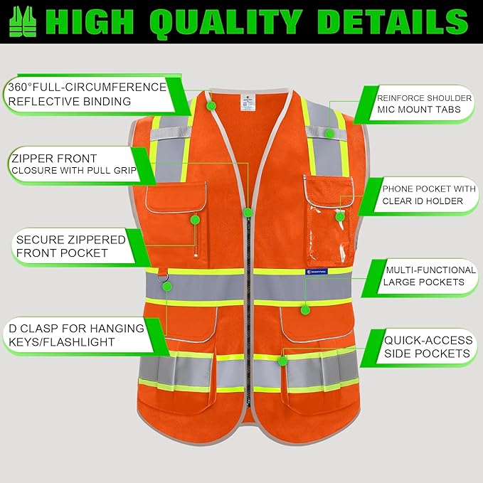BeautyWill 10 Pack Custom Logo Safety Vest ANSI Class 2 High Visibility Reflective Vest Personalized Construction Vest Bulk