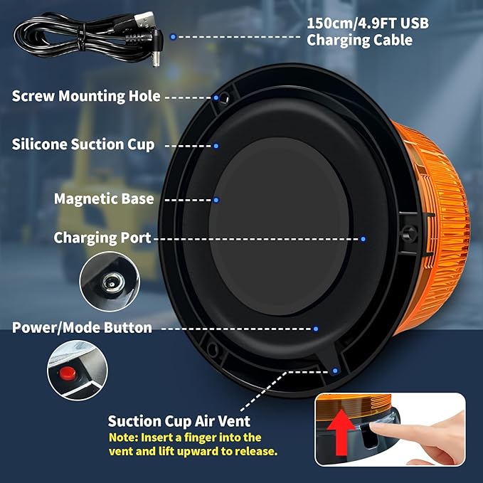 Magnetic Wireless Strobe Light With 90-LED 3600mah Battery IP67 Waterproof USB-C Fast Charge 360° Day/Night Visibility Magnetic Base 2 Flash Modes For Trucks & Tractors Utvs Golf Carts 1 Pack