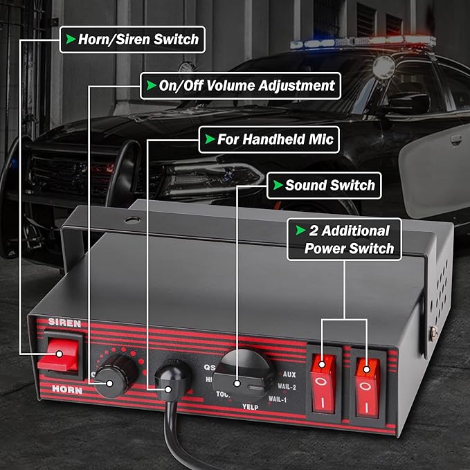 Police Siren for Car 8 Tones Warning Emergency Siren PA System with Handheld Microphone 12V 200W for The Ambulance,Fire Truck,Engineering Siren for Vehicle