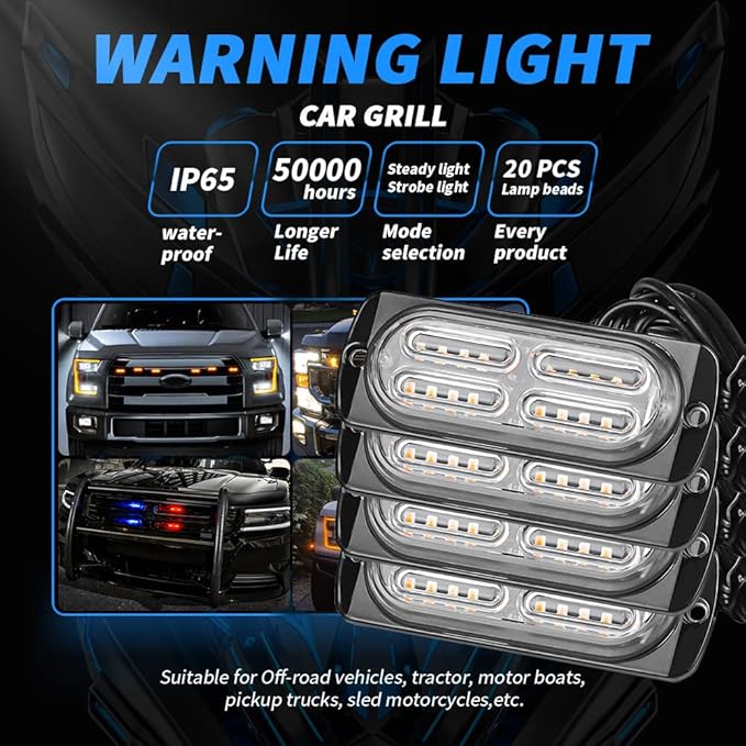【UPGRADED】 LED Emergency Strobe Warning Lamps Kit, 4 Pods 20LEDs 18 Flash Patterns for Warning Strobe light, Emergency Light, Side Light, Prompt Light, Marker Light, Beacon Light (Amber)