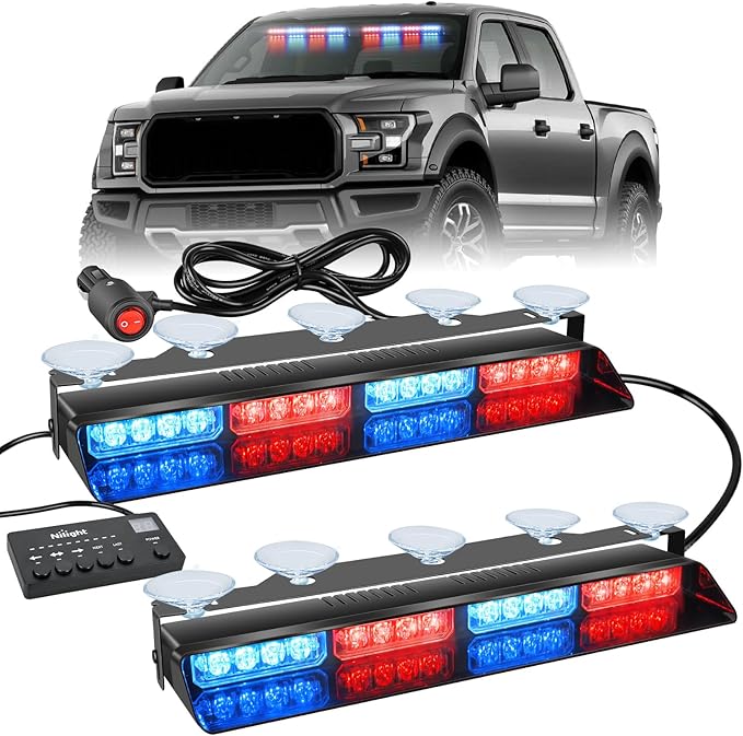 Nilight 32LED Red Blue Emergency Dash Strobe Lights with Controller Suction Cups Warning Hazard Interior Front/Rear Windshield Deck Split Light Bar for Trucks Construction Vehicles