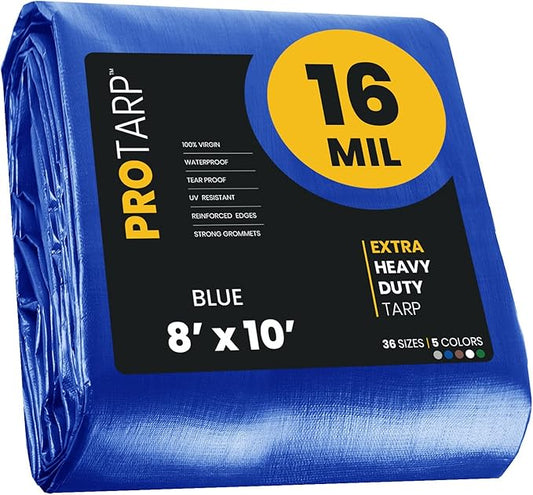 PROTARP Extra Heavy Duty 16 Mil Tarp Cover, Waterproof, UV Resistant, Rip and Tear Proof, Poly Tarpaulin with Reinforced Edges for Roof, Camping, Patio, Pool, Boat. (Blue 8′ X 10′)