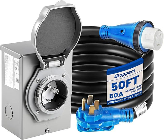 50 Amp Generator Cord and Power Inlet Box, 50FT Generator Cords 50 Amp,125V/250V Generator Power Cord NEMA14-50P/SS2-50R Twist Lock Connector