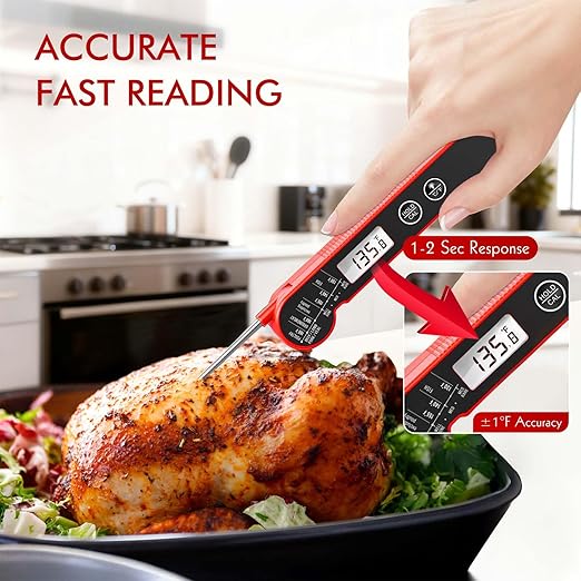 Meat Thermometer Digital with Backlight, Calibration & Hold Function, IP65 Waterproof Food Thermometer for Cooking, Outdoor Grilling, Candy Making